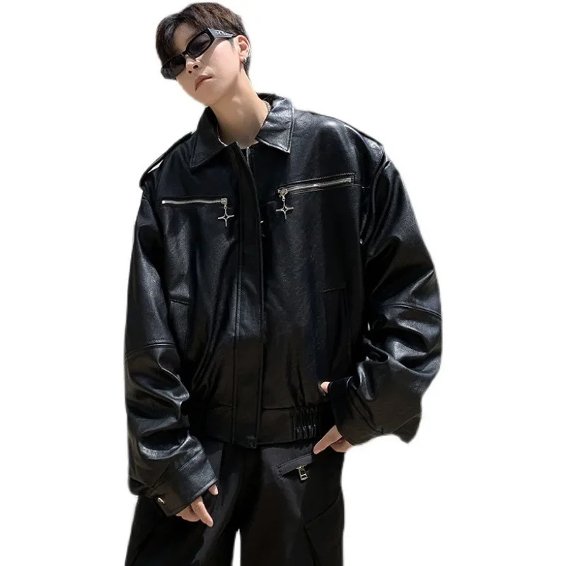 Spring retro Korean style elegant mens leather jacket casual loose fit heavy and harsh situation couple jacket trend 241031
