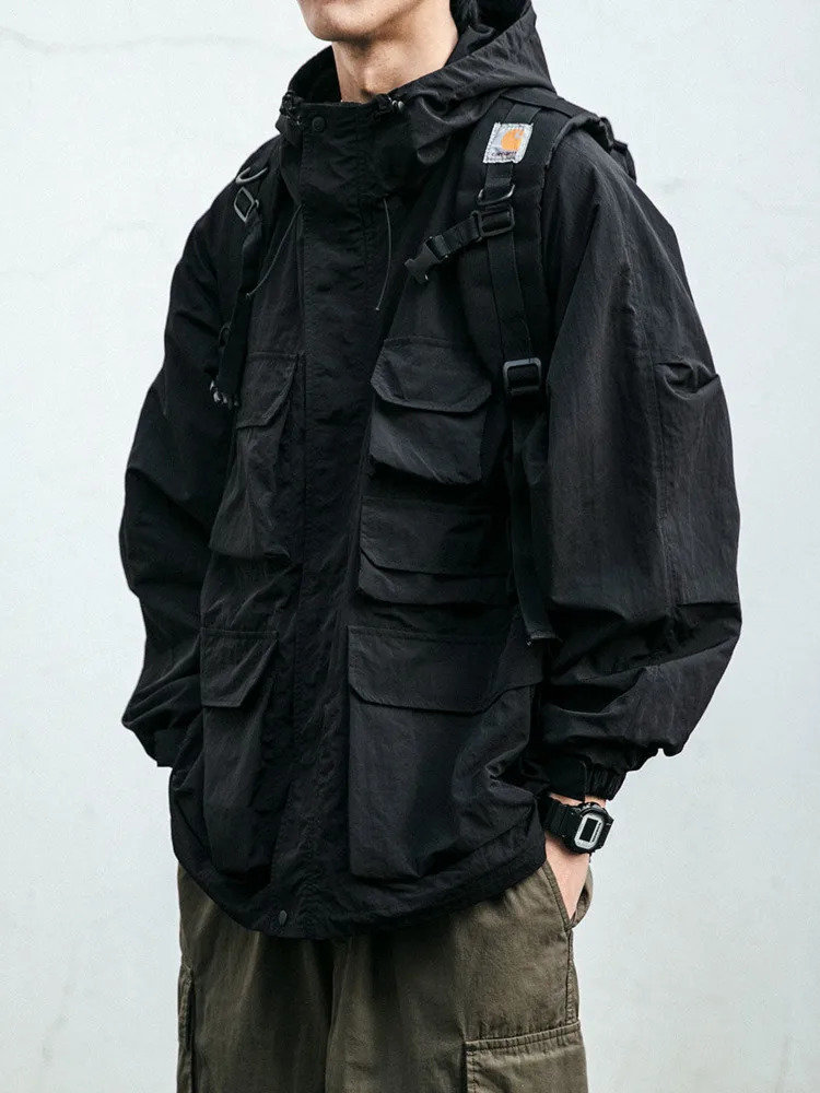 Multi pocket street clothing mountain hoodie jacket mens clothing Harajuku casual cargo jacket fashionable black jacket mens clothing 241031