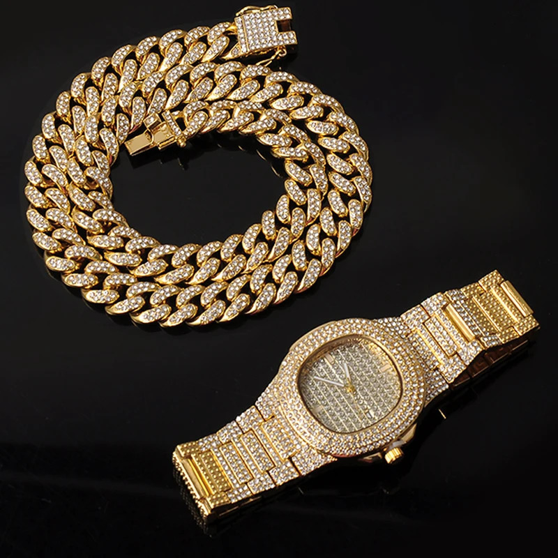 Necklace WatchBracelet Hip Hop Miami Curb Cuban Chain Silver Color Full Iced Out Paved Rhinestones CZ Bling For Men Jewelry 240323