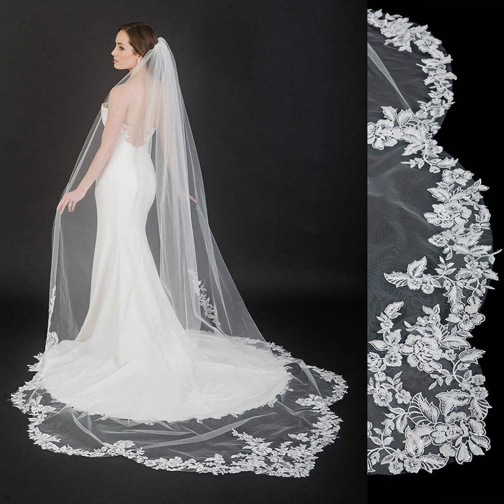 Customized Classic Wedding Veils Appliques Lace One Layer Chapel Length Bride Veil Applique Edge With Comb Bridal Accessories