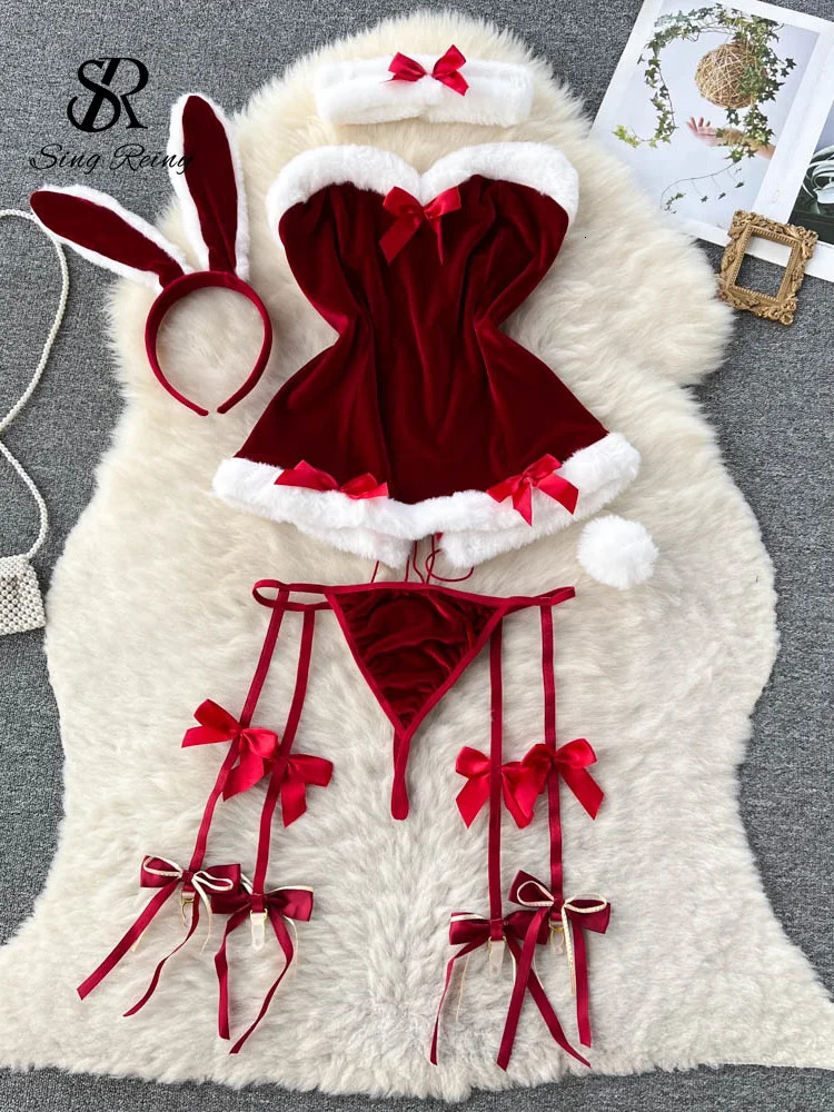 SINGREINY Cosplay Rabbit Maid Sexy Nightwear Halter Splice Fur Bow Lingerie Combination Christmas Erotic Porno Underwear Sets 241031
