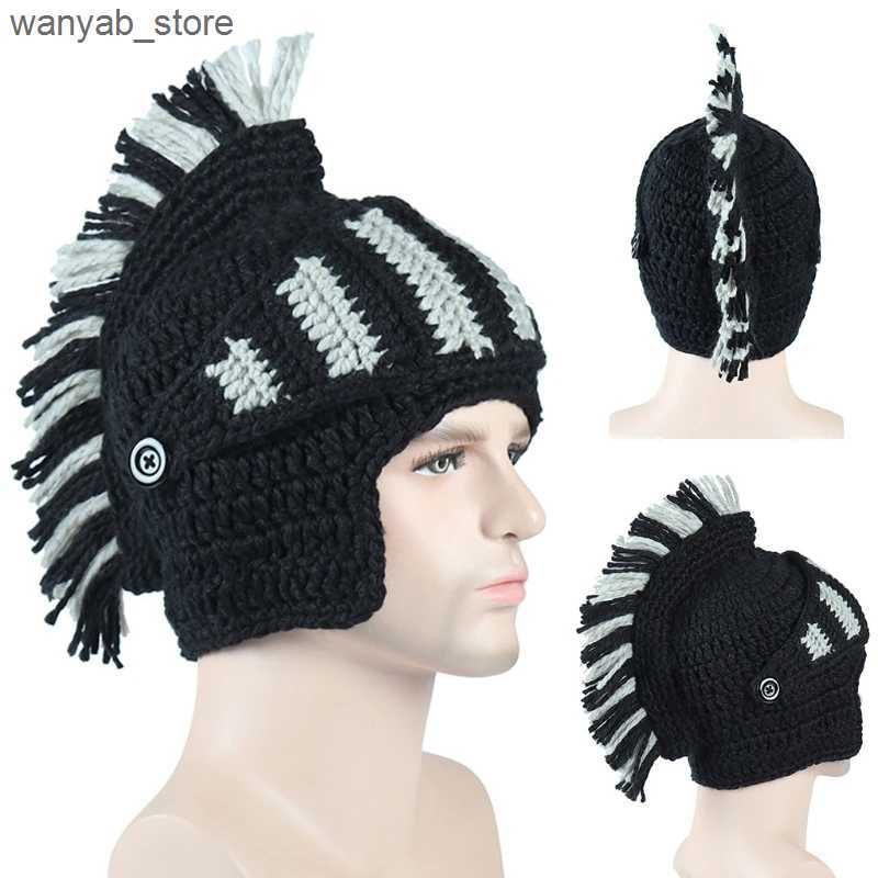 Wide Brim Hats Bucket Hats Men Women Funny Chunky Knitted Roman Knight Helmet Hat Contrast Color Tassel Barbarian Crochet Earflap Beanie Skull Cap wit