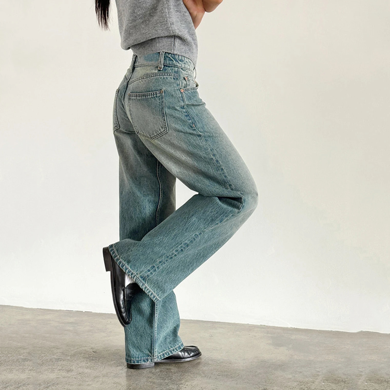 Womens versatile jeans aesthetic solid color low rise zipper button trousers with pockets for everyday street wear 241031