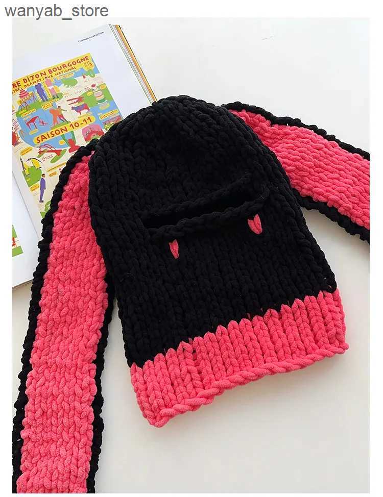 Wide Brim Hats Bucket Hats Y2K Long Bunny Ears Hat Winter Hand Made Knitted Funny Beanie Cap Thicken Warm Full Face Ski Mask Cover Balaclava For Party