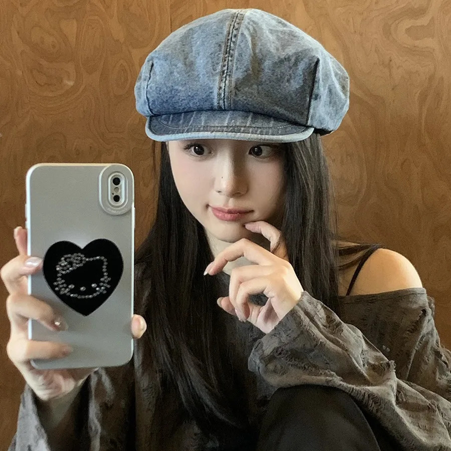 Cowboy Beret Lady Spring Autumn Big Head Round Short Eave Show Face Small Artistic sboy Cap Outdoor Fashion M537 241031