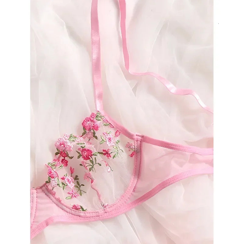 Bra Brief Set Woman 2 Pcs Lingerie Sexy Floral Embroidery Underwear Mesh Intimate Transparent Lace Short Skin Care Bralette Kits 241031