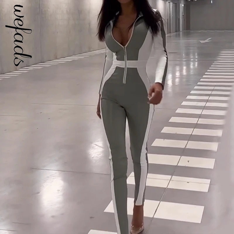 Wefads Women Jumpsuit Autumn Fashion Lapel Long Sleeve Color Block Zipper Romper Casual Bodycon Tracksuit High Streetwear 241031