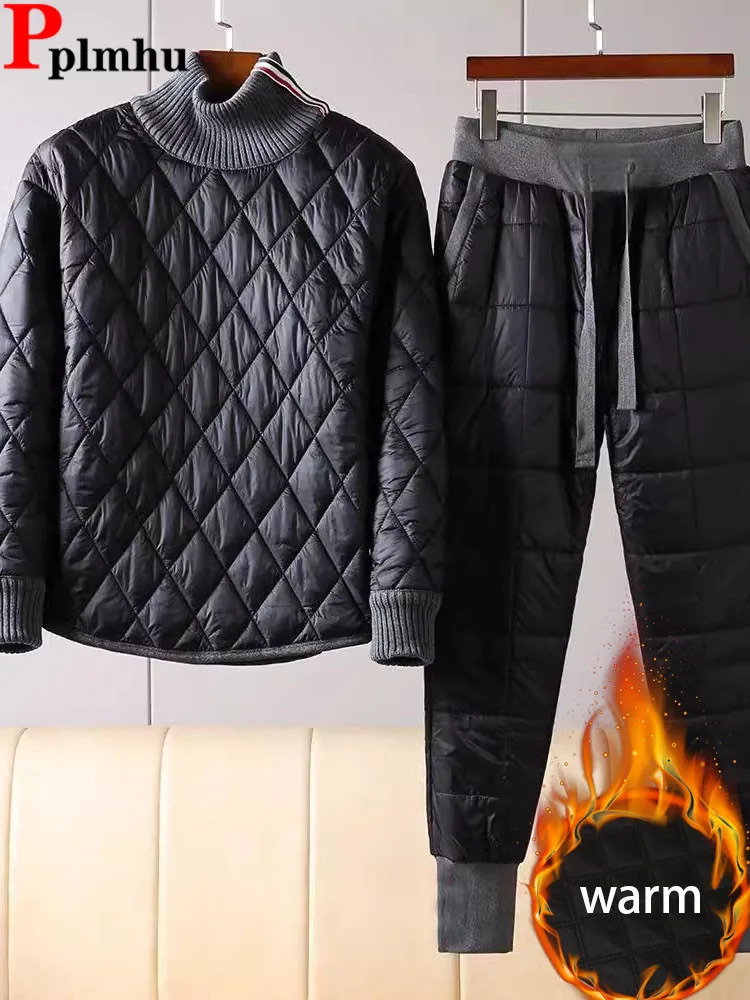 Winter Warm Cotton Padded 2 Pieces Set Turtleneck Thicken Tops Conjuntos Korean Casual High Waist Harem Pants Tracksuit 241031