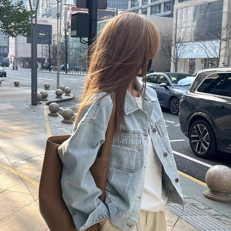 Ins Korean Wash Cotton Retro Denim Jacket Womens Spring and Autumn Thin Korean Version Loose Short Long Sleeve Shirt 241031