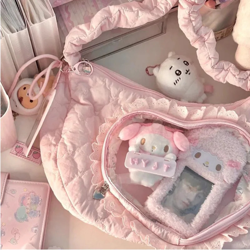 Lace Love Animation Pain Bag Cute Drawstring Single Shoulder Cross Body Bag Large Capacity Shopping Zipper Doll Bag 241031