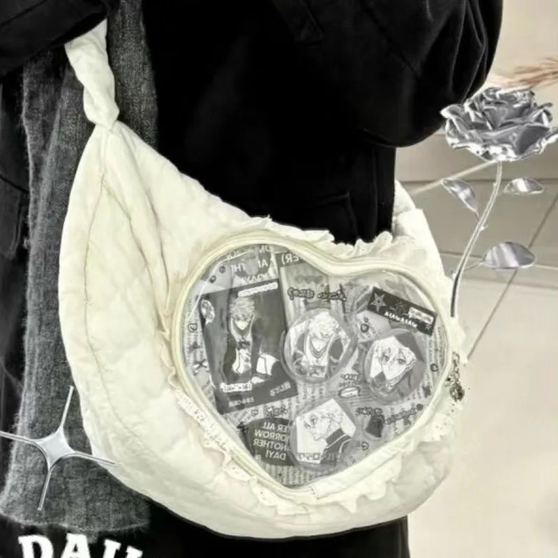 Lace Love Animation Pain Bag Cute Drawstring Single Shoulder Cross Body Bag Large Capacity Shopping Zipper Doll Bag 241031