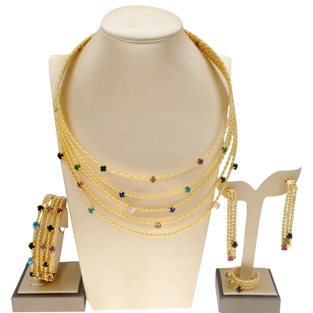 Womens jewelry set Brazilian gold necklace colorful artificial stone bracelet hollow n gift banquet jewelry 241031