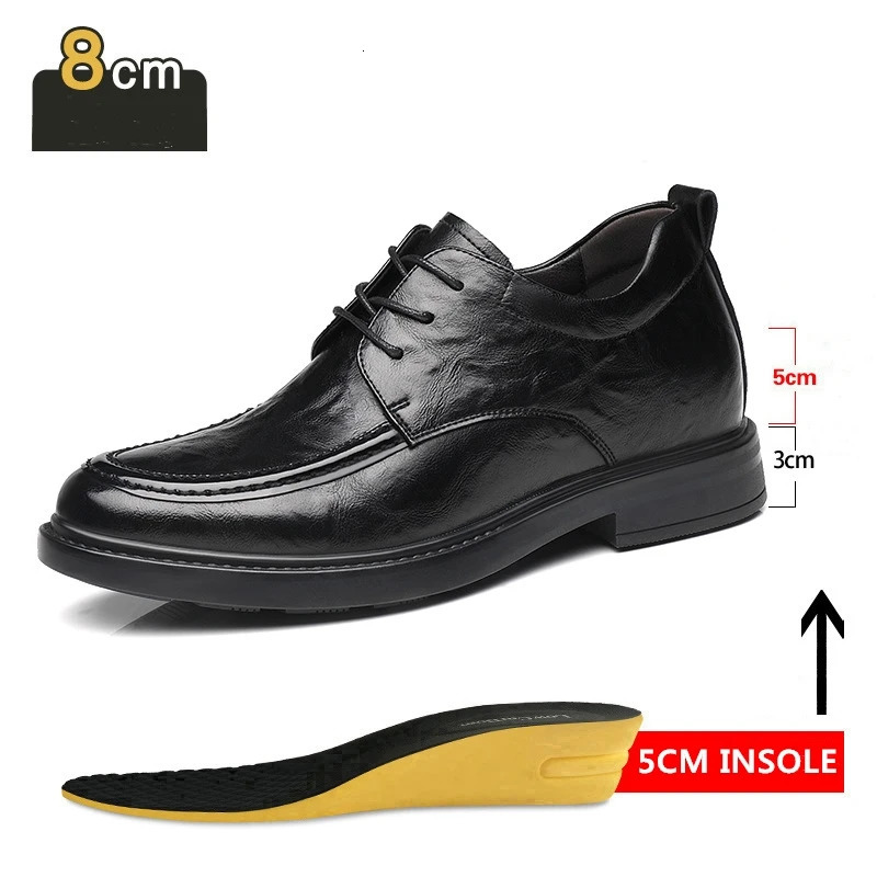 Mens dress shoes add 8cm genuine leather breathable invisible high heels business casual soft soled mens derby shoes 241031