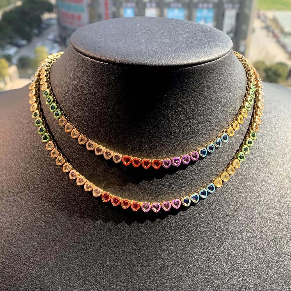 Iced Out Rainbow Heart Zircon Choker Necklace | Gold Plated Cubic Zirconia Fashion Jewelry for Women Men