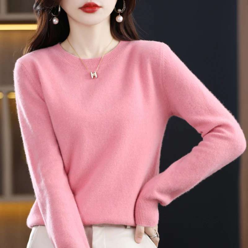 100% Merino Pure Wool Sweater Womens AutumnWinter Long Sleeved Solid Color Pullover Round Neck Basic Knitted Jumper Top 241029