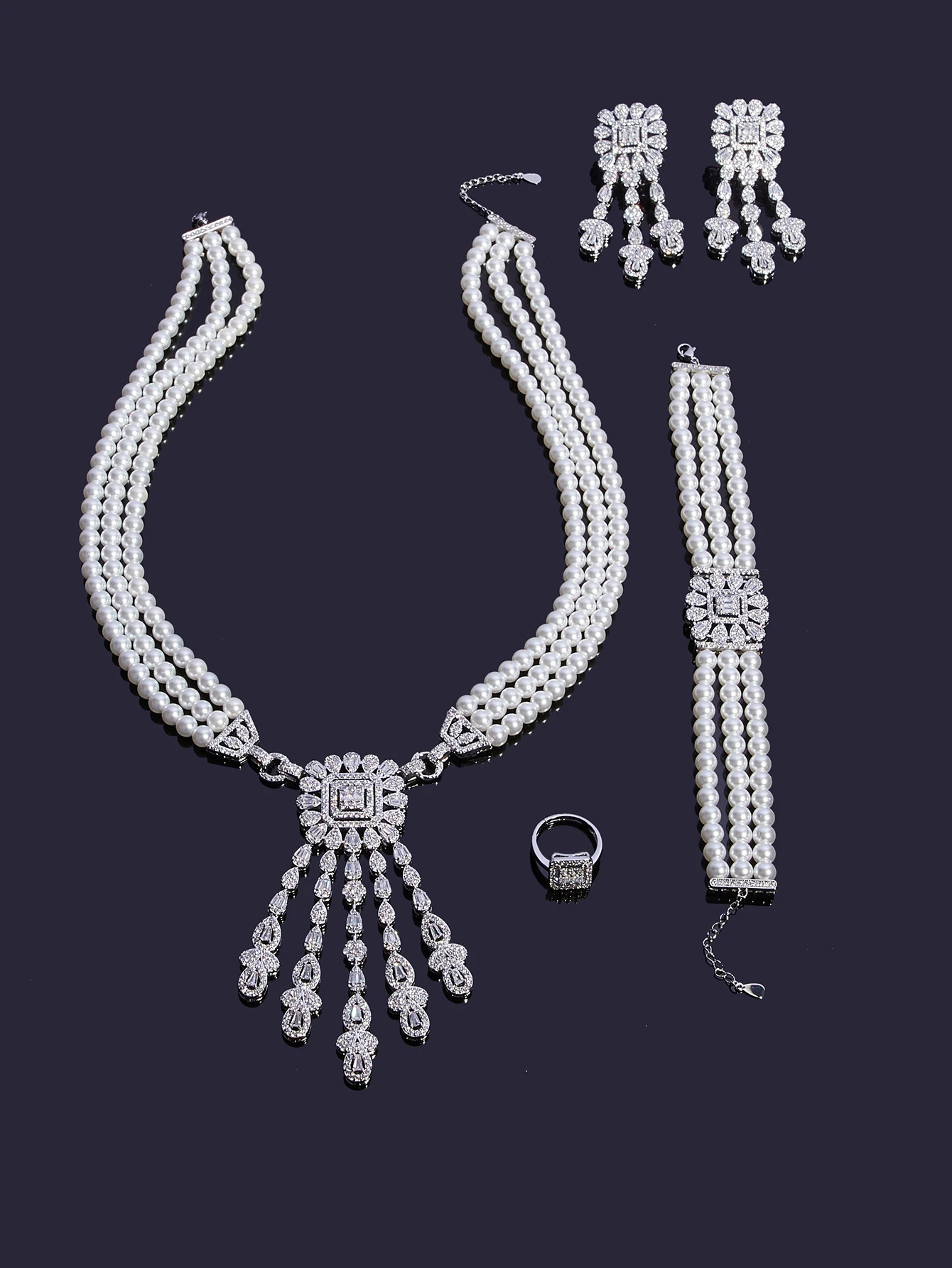 Gorgeous 3-layer glass pearl necklace with cubic zirconia pendant for all zirconia Dubai bridal jewelry set 241031