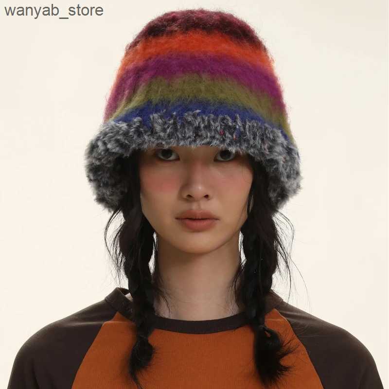 Wide Brim Hats Bucket Hats Japanese New Gradient Wool Vintage Color Stripe Beanies Women Handmade Crochet Beanie Thick Warm Knitted Hat Winter Bucket 