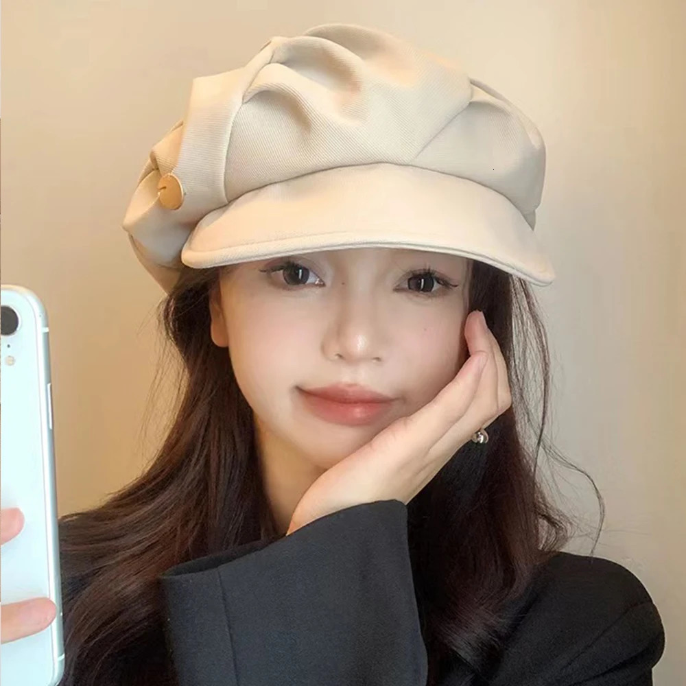 Vintage Octagonal Hat Solid Color Pleated Berets Artist Painter spaper Cap Winter Autumn Casual Street Brim Caps 241031