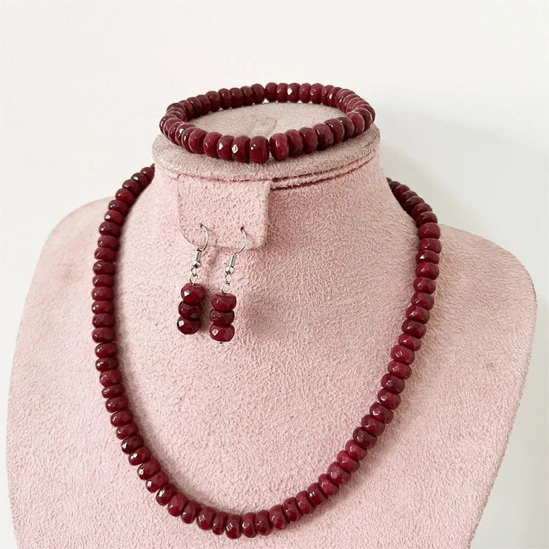 Faceted 5 * 8MM Deep Red Ruby Natural Stone Jewelry Set Bead Necklace Earrings Bracelet Chain Necklace Simple n Party Bohemian 241031