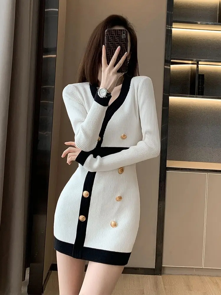Female Knit Dress Color Matching V Neck Bodycon Short Womens Crochet Dresses Extreme Mini in Elegant Chic Autumn and Winter 241031