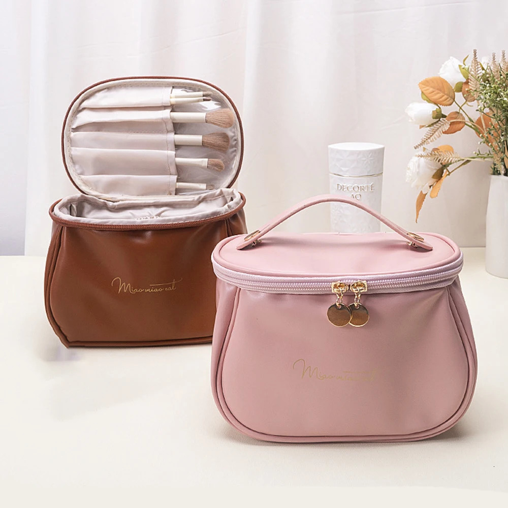 Portable PU makeup bag with handle toilet organizer suitable for womens waterproof travel makeup bag large capacity makeup box 241031