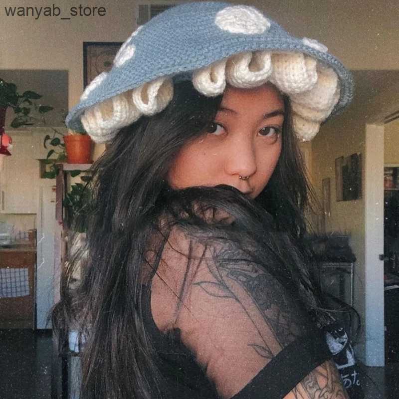Wide Brim Hats Bucket Hats Halloween Hats Adult Crochet Mushroom Soft Slouchy Hat for Outdoors Wholesale Mushroom Style Hat L240910