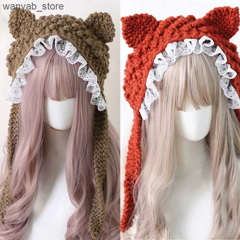 Wide Brim Hats Bucket Hats Knit Beanie Hat Cute Animal Ears Lace Decor Winter Caps Knitted Hats Photograph Props for Kids Adults Women Girls L240910