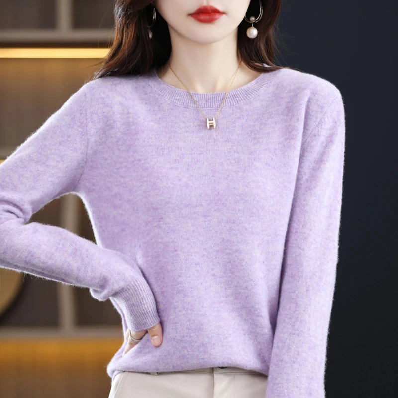 100% Merino Pure Wool Sweater Womens AutumnWinter Long Sleeved Solid Color Pullover Round Neck Basic Knitted Jumper Top 241029