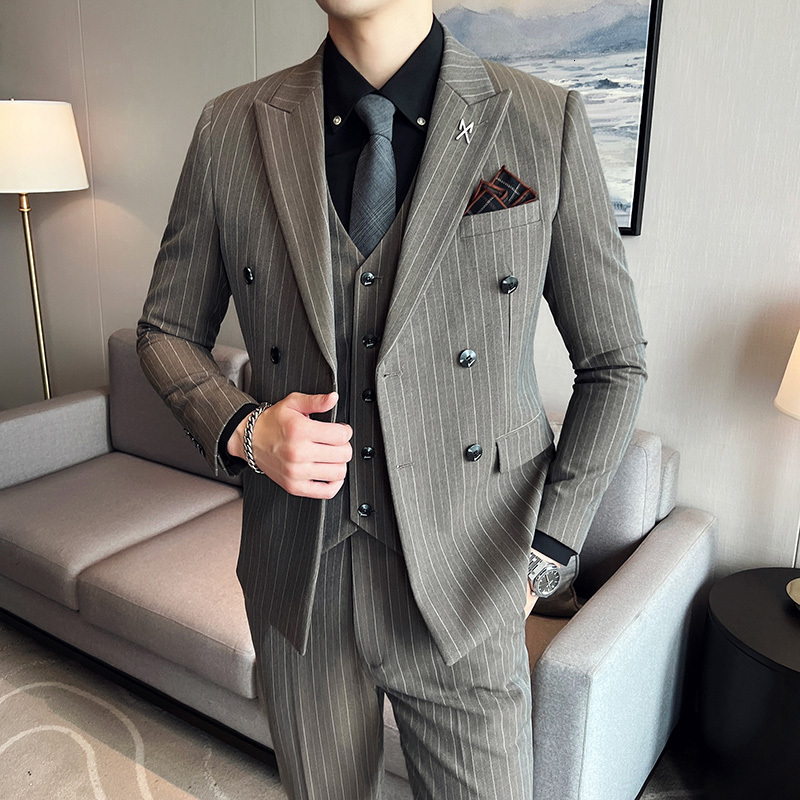 (Jacket Vest + Pants) Brand Boutique Striped Thick Mens Slim Casual Business Double-Breasted Suit 3Pcs Set Groom Wedding Dress