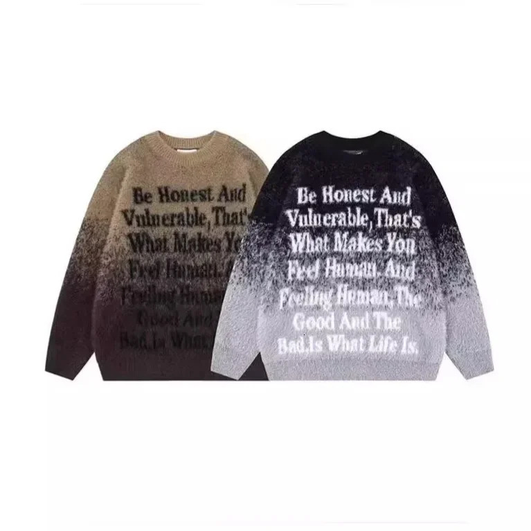 Casual Long Sleeve Knit Top For Men Lazy Gradient Letter Print Loose Fit Slimming Round Neck Sweater Style Autumn Season 241031