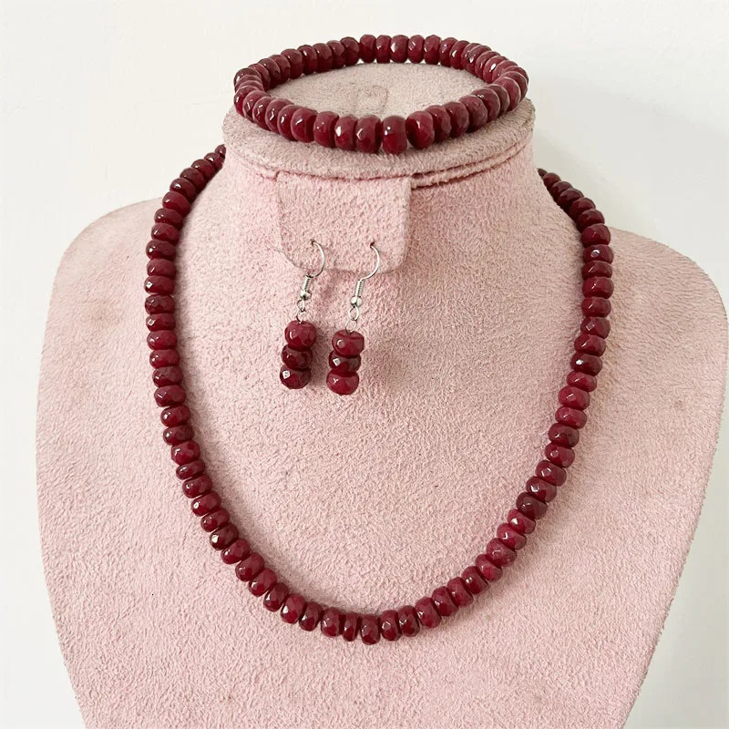 Faceted 5 * 8MM Deep Red Ruby Natural Stone Jewelry Set Bead Necklace Earrings Bracelet Chain Necklace Simple n Party Bohemian 241031
