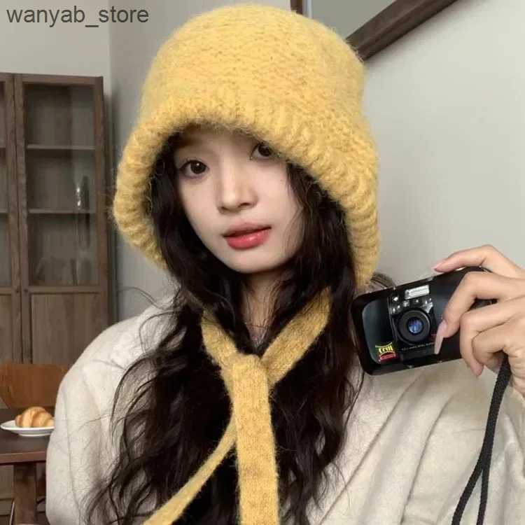 Wide Brim Hats Bucket Hats Funny Bag Hat Thicken Knitted Winter Warm Pullover Hat Big Headband Strap Skullie Cycling Ear Protection Couple Cap Accesso