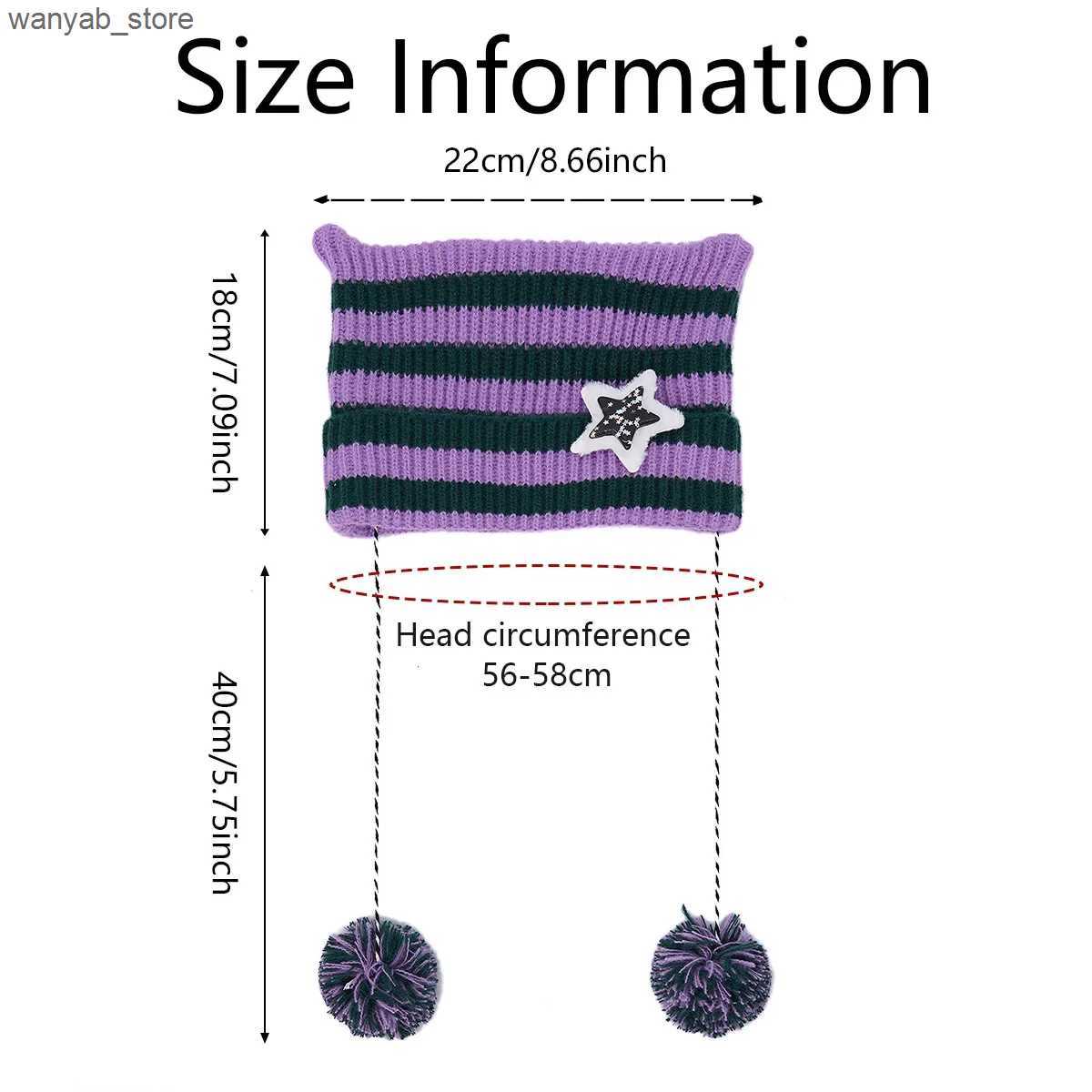 Wide Brim Hats Bucket Hats Japanese Y2K Cute Black White Striped Cat Ears Wool Hat Women Autumn Winter Warm Little Devil Hanging Ball Knitted Beanie H