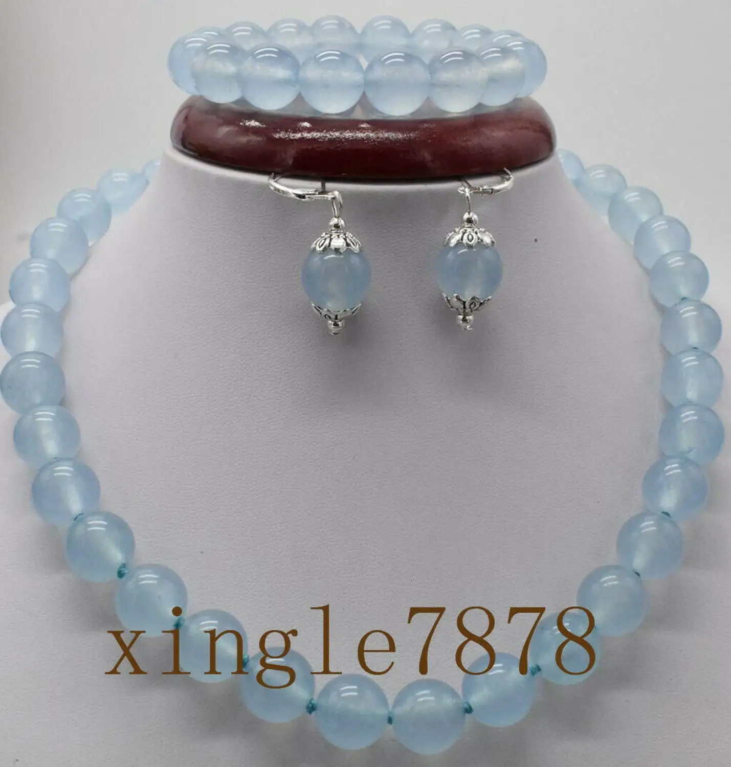 Natural 10mm Blue Sapphire Round Bead Bracelet Earring Necklace Set 241031