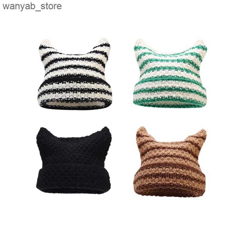 Wide Brim Hats Bucket Hats New Japanese Streetwear Harajuku Beanie Little Devil Striped Knitted Hat Women Girls Autumn Winter Cute Cat Ears Cap L24091