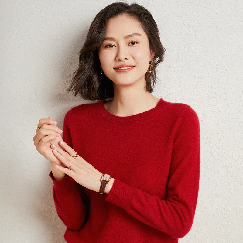 Round Neck Goat Cashmere Sweater Womens AutumnWinter Long Sleeved Solid Color Loose Pullover Basic Jumper Top 241029