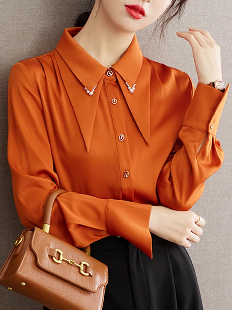 Fashionable round neck hem bubble long sleeved casual clothing solid color elegant womens shirt 241031