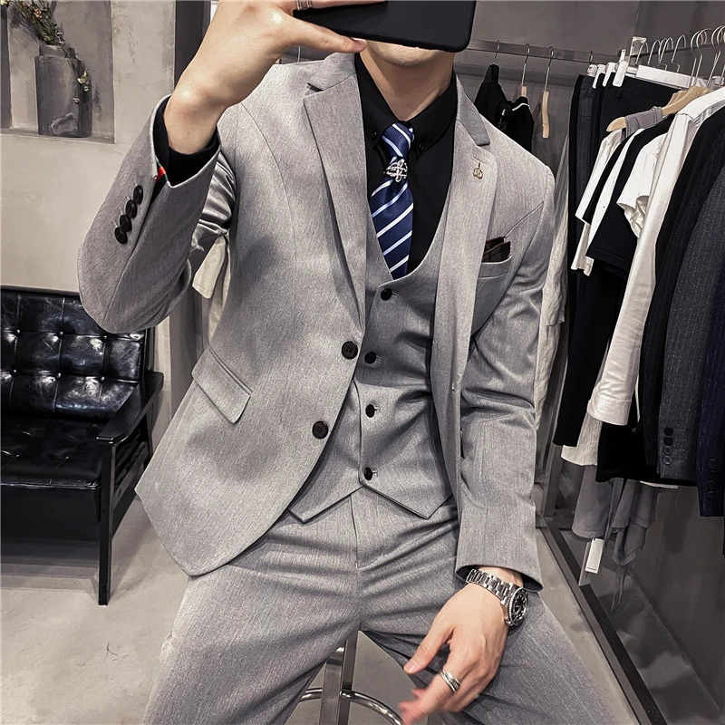 S-7Xl ( Blazer Vest + Pants ) Striped Plaid Solid Color Mens Formal Business Suit 3Pcs Set Groom Wedding Social Show Dress