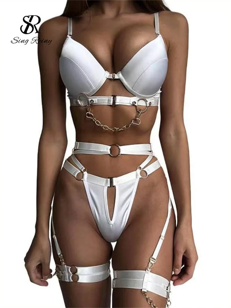 SINGREINY Sexy Fashion Chain Erotic 3 Pieces Sets Ladies Straps Backless Corset Underwear Solid Erotic Sensual Bra Briefs Suits 241031