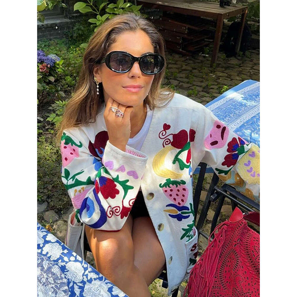 Printed Women's Jacket 2024 Autumn Long Sleeve Single Breasted Female Coats Street Fashion Loose O Neck Contrast Lady Outwears