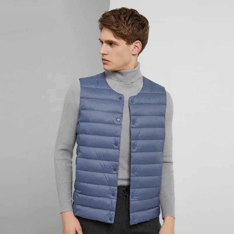 Men Autumn Winter Warm Sleeveless Line Puffer Jacket 2023 Vneck Slim Ultra Lightweight Packable Mens Down Vest Coats 241024