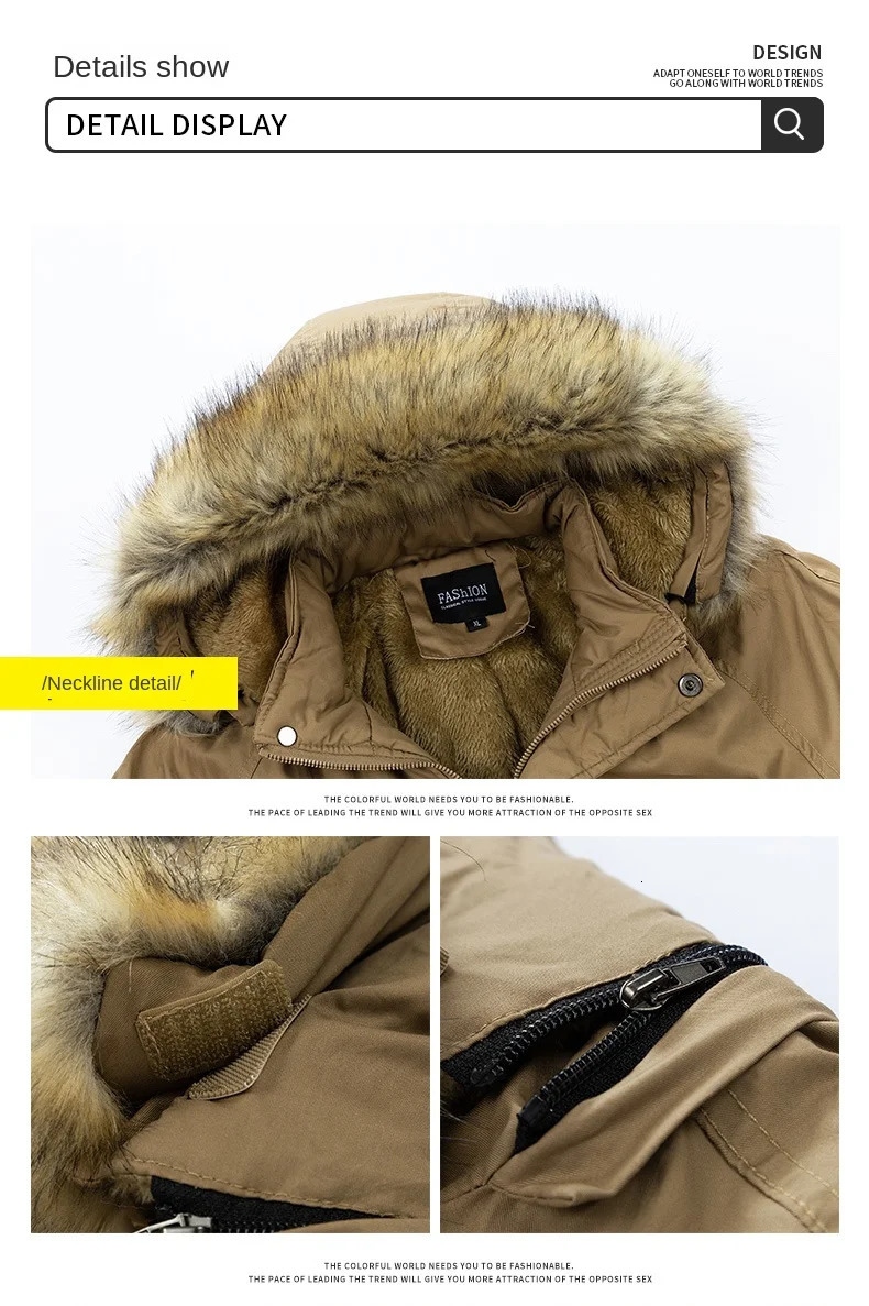 Mens padded Clothing Autumn Winter Fashion Warm Thickened Outdoor Hooded Fur Collar Trench Coat Medium Length Jacket 241031