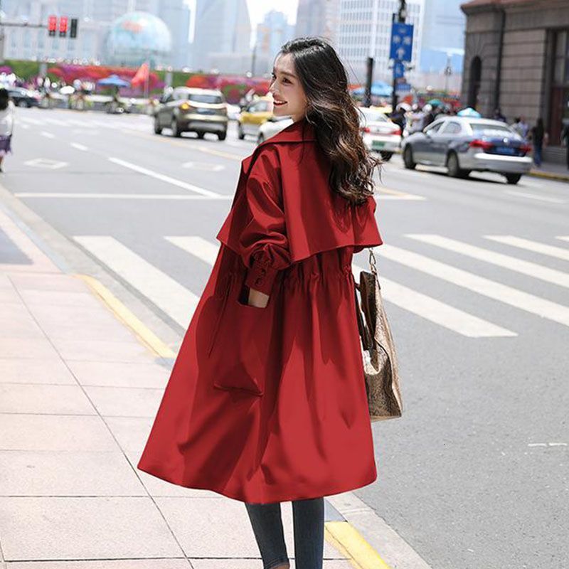 Women Korean Solid Trench Coat Batwing Sleeve Loose Casual Long Turn Down Collar Oversize Windbreaker 210515