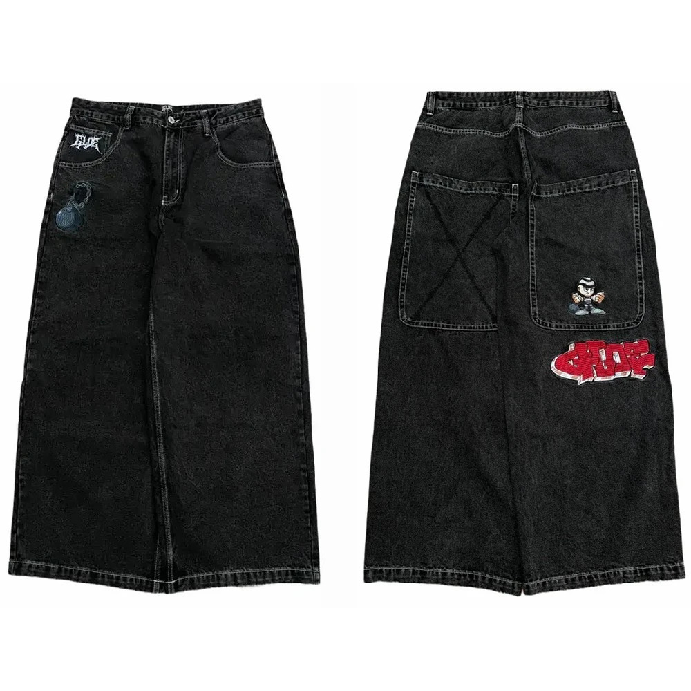 Jeans Y2K Clothes Mens Womens Harajuku Hip Hop Big Pocket Cartoon Embroidery Baggy Jeans Black Pants Low Rise Wide Leg Trousers 241031