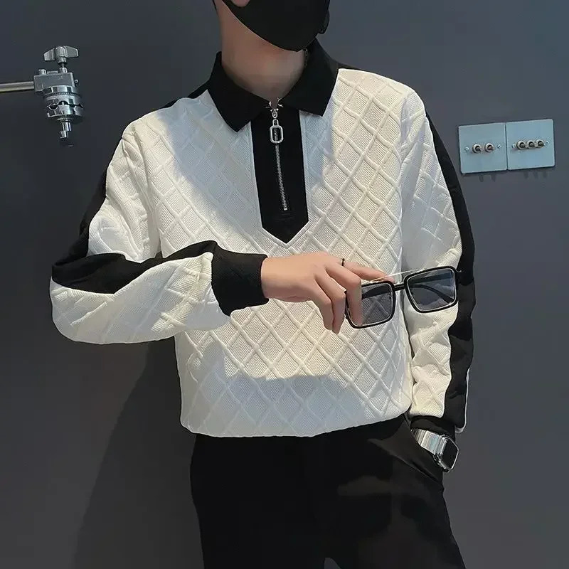 T Polo Shirts for Men Plaid Spliced Tops Half Zip Male Clothes Sweatshirts Green Rock High Quality It Original Korean 241024
