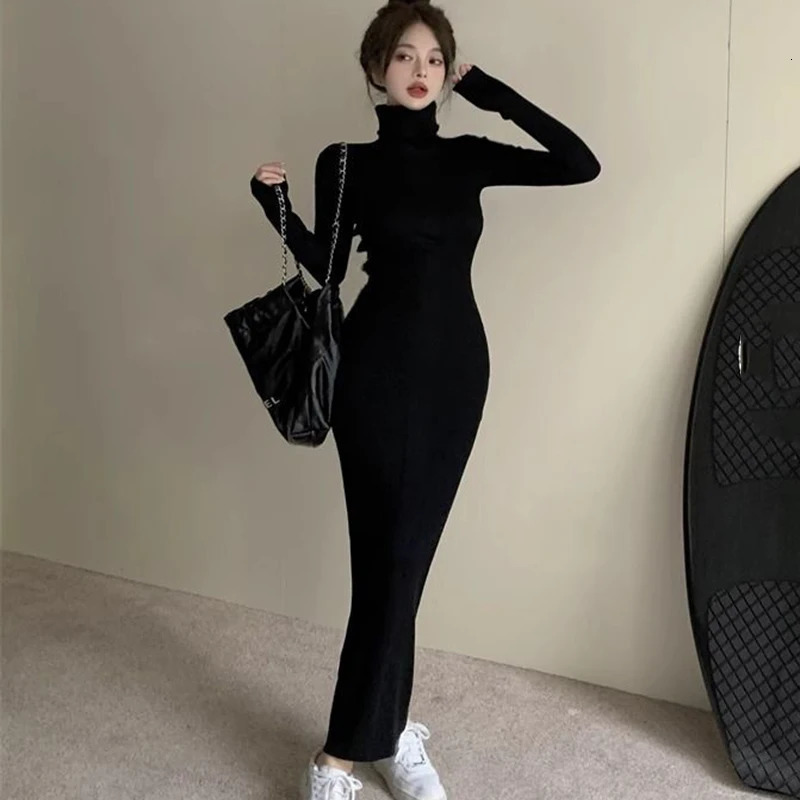 Sexy Black Turtleneck Knitted Bodycon Dres Autumn Winter Long Sleeve Sweater Dress Woman Korean Bottoming Dresses 241031