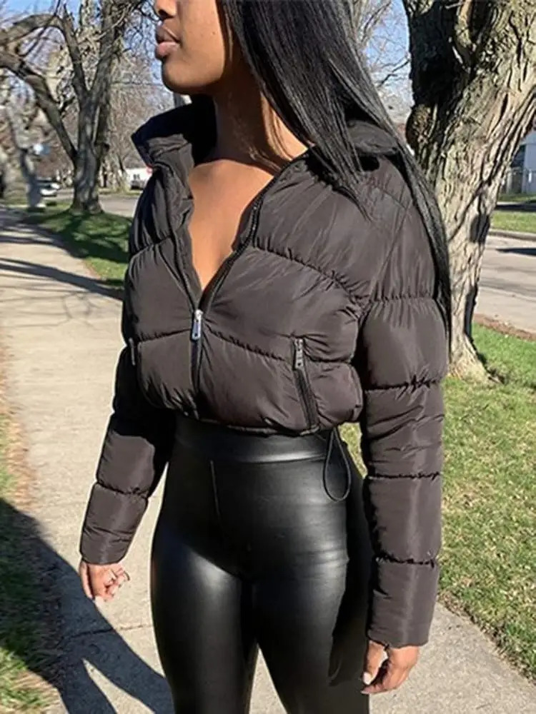 Womens Winter Cropped Puffer Jacket Long Sleeve Full Zip Lightweight Warm Quilted Down Coats 241031