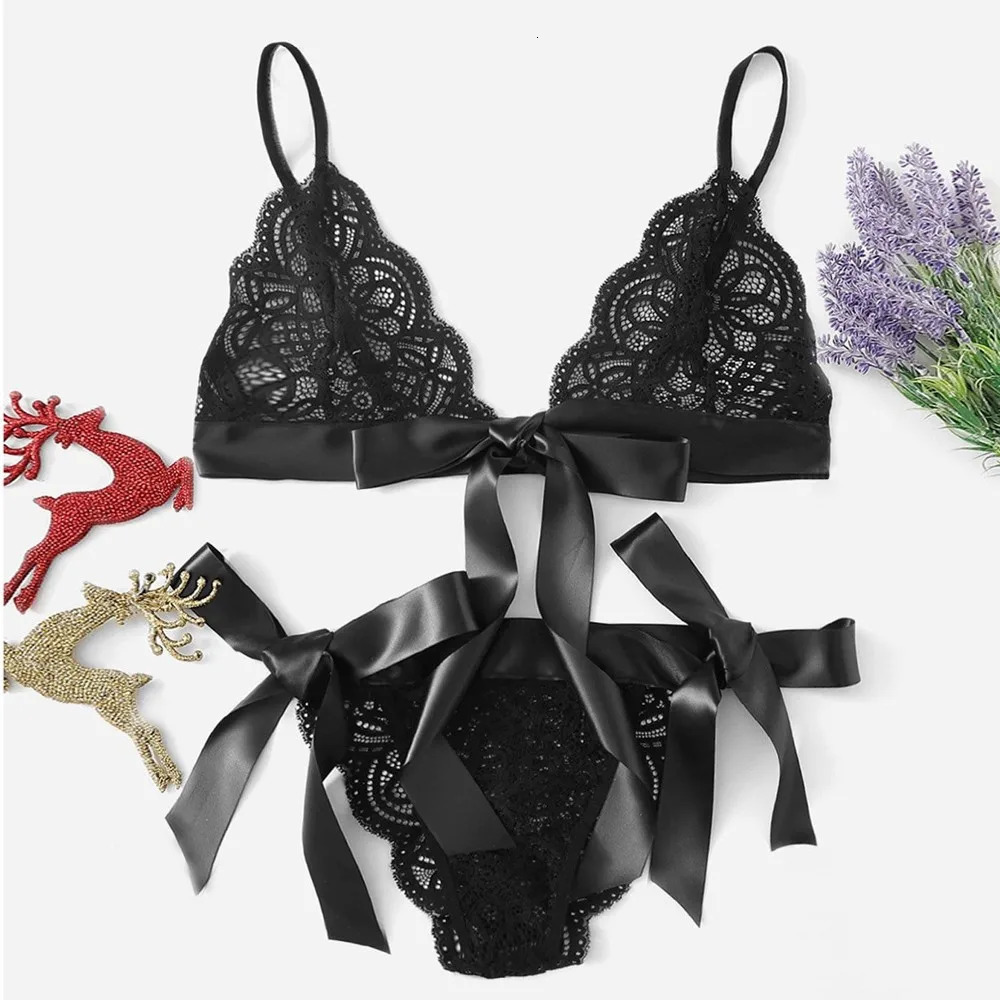 Women Bra Sexy Underpant Sets Scalloped Trim Tie Side Lace Bra Set Solid Color Lingerie Set Bow Embroidery Bra And Brief Sets 241031