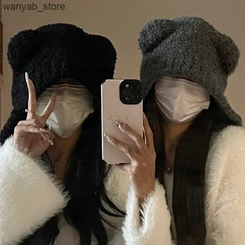 Wide Brim Hats Bucket Hats Cute Bear Ear Wool Hat Autumn and Winter Warm Versatile Lace-up Ear Protection Knitted Bomber Cap Bonnets for Women Gorros 
