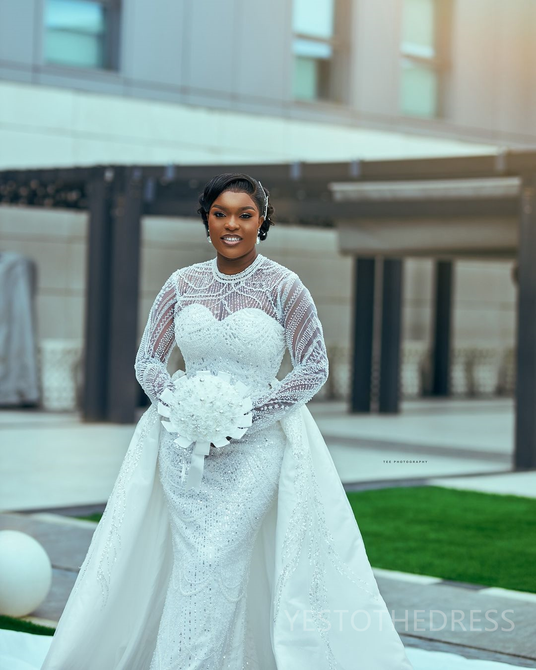 2024 Plus Size African Mermaid Wedding Dress Detachable Train Bridal Gowns For Bride Illusion High Neck Long Sleeves Beaded Lace Wedding Gowns For Bla